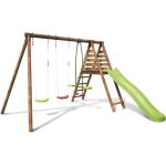 Balançoire en bois traité 3 agrès et toboggan violette Balançoire en bois traité 3 agrès et toboggan violette