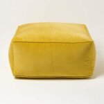 Pouf carr� en velours jaune moutarde