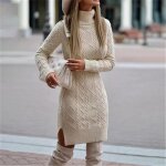 Pull - type beige - femme - robe pull chaude  manches longues - grande taille - col en v