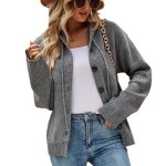 Pull a capuche gilet en tricot automne fermeture boutons couleur unie - gris