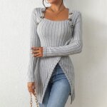 Pull côtelé à boutons - vitata - pour femmes - manches longues - ourlet asymétrique - gris Pull côtelé à boutons - vitata - pour femmes - manches longues - ourlet asymétrique - gris