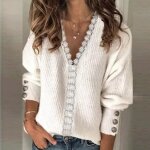 Pull en dentelle pour femmes - type 04 white - col en v - manches lanternes élégantes Pull en dentelle pour femmes - type 04 white - col en v - manches lanternes élégantes