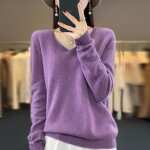 Pull femme automne et hiver en laine épaissie col en v - vitata - couleur unie - violet Pull femme automne et hiver en laine épaissie col en v - vitata - couleur unie - violet