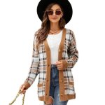 Pull femme  carreau longue relaxed fit manches longues - insfity - brun - col v - faible stretch