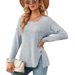Pull femme col carr manches longues casual pullover lche tops couleur unie pour printemps et automne ...