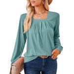 Pull femme col carr� pliss� manches longues pullover l�che confortable couleur unie pour printemps et ...