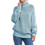 Pull femme col roulé tricoté automne hiver chaud hauts lâche manches longues couleur unie - bleu Pull femme col roulé tricoté automne hiver chaud hauts lâche manches longues couleur unie - bleu