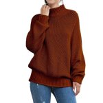 Pull femme col roul� tricot� automne hiver chaud hauts l�che manches longues couleur unie - cafe