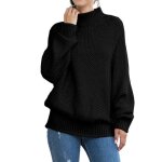 Pull femme col roul tricot automne hiver chaud hauts lche manches longues couleur unie - noir