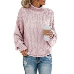 Pull femme col roul tricot automne hiver chaud hauts lche manches longues couleur unie - rose