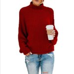 Pull femme col roul tricot automne hiver chaud hauts lche manches longues couleur unie - rouge