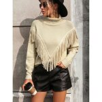 Pull femme col roul tricot  franges automne hiver pullover lche manches longues couleur unie confortable ...