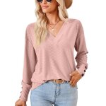 Pull femme col v couleur unie pullover lâche tops manches longues avec boutons pour printemps et automne ... Pull femme col v couleur unie pullover lâche tops manches longues avec boutons pour printemps et automne ...