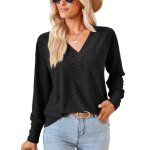 Pull femme col v couleur unie casual pullover l�che tops manches longues avec boutons pour printemps ...
