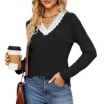 Pull femme col v avec dentelle manches longues casual pullover lâche confortable pour printemps et automne ... Pull femme col v avec dentelle manches longues casual pullover lâche confortable pour printemps et automne ...