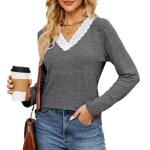 Pull femme col v avec dentelle manches longues casual pullover lâche confortable pour printemps et automne ... Pull femme col v avec dentelle manches longues casual pullover lâche confortable pour printemps et automne ...