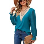 Pull femme en dentelle manches longues col v mode pullover l�che tops couleur contraste pour printemps ...