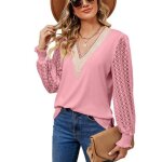 Pull femme en dentelle manches longues col v mode pullover l�che tops couleur contraste pour printemps ...