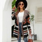 Pull femme - insfity - gilet cardigan géométrique - manches longues - col franges Pull femme - insfity - gilet cardigan géométrique - manches longues - col franges