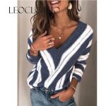 Pull femme - leoclotho - manches longues - col v - rayé - bleu Pull femme - leoclotho - manches longues - col v - rayé - bleu