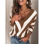 Pull femme - leoclotho - pull rayé col v à manches longues - kaki - marron Pull femme - leoclotho - pull rayé col v à manches longues - kaki - marron