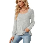 Pull femme manches longues col carr pour printemps et automne pullover lche couleur unie confortable ...