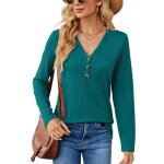 Pull femme manches longues col v avec boutons pullover l�che tops couleur unie pour printemps et automne ...