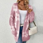 Pull femme mi - longues insfity - imprimé fleurs - chaud et confortable - col en v - rose Pull femme mi - longues insfity - imprimé fleurs - chaud et confortable - col en v - rose