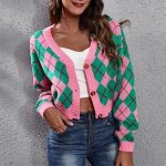 Pull femme motif losange cardigan col en v - rose Pull femme motif losange cardigan col en v - rose