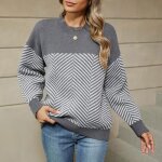 Pull femme rayure automne hiver en tricot manches longues col rond - gris - insfity - femme - col arrondi ...