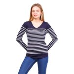 Pull femme - sullivan - ray� blanc - col v - manches longues - ajust�