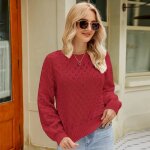 Pull femme en tricot col arrondi manches longues chaud doux hiver couleur unie - aievis - bordeaux - ...