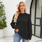 Pull femme en tricot col arrondi manches longues chaud doux hiver - noir