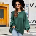 Pull femme en tricot col arrondi manches longues epais chaud doux hiver - vert
