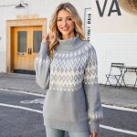 Pull femme en tricot col roulé manches longues chaud doux hiver imprimé - gris - insfity Pull femme en tricot col roulé manches longues chaud doux hiver imprimé - gris - insfity