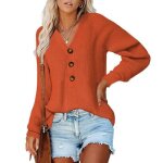 Pull femme en tricot col v avec boutons manches longues pullover confortable couleur unie automne hiver ... Pull femme en tricot col v avec boutons manches longues pullover confortable couleur unie automne hiver ...