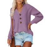 Pull femme en tricot col v avec boutons manches longues pullover confortable couleur unie automne hiver ... Pull femme en tricot col v avec boutons manches longues pullover confortable couleur unie automne hiver ...