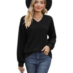 Pull femme en tricot col v manches longues casual pullover lâche couluer unie confortable Pull femme en tricot col v manches longues casual pullover lâche couluer unie confortable