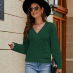 Pull femme en tricot col v manches longues chaud doux hiver - insfity - vert - uni - regular