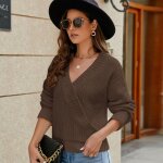 Pull femme en tricot col v manches longues chaud doux hiver - marron - insfity - adulte - femme
