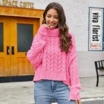 Pull femme en tricot court col roul manches longues chaud doux hiver - rose