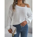 Pull femme en tricot epaule dnude automne hiver casual pullover lche manches longues couleur unie ...