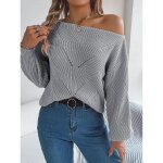 Pull femme en tricot paules dnudes col bateau casual pullover lche ajour manches longues couleur ...