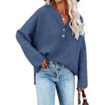 Pull femme en tricot manches longues automne hiver hauts pullover lche col v avec boutons couleur unie ...