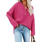 Pull femme en tricot manches longues automne hiver hauts pullover lche col v avec boutons couleur unie ...