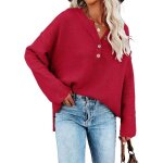 Pull femme en tricot manches longues automne hiver hauts pullover lâche col v avec boutons couleur unie ... Pull femme en tricot manches longues automne hiver hauts pullover lâche col v avec boutons couleur unie ...