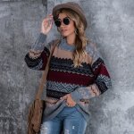 Pull femme en tricot motif argyle relaxed fit casual col rond - rouge - insfity - automne / hiver - ...