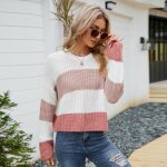 Pull femme tricoté rayé coupe décontractée tricolore - insfity - rose Pull femme tricoté rayé coupe décontractée tricolore - insfity - rose