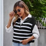 Pull gilet femme col en v sans manches bicolore coupe décontractée en tricote À rayure - noir - insfity ... Pull gilet femme col en v sans manches bicolore coupe décontractée en tricote À rayure - noir - insfity ...