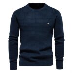 Pull homme - fondupin - col rond - coton - motif de grille - bleu marine